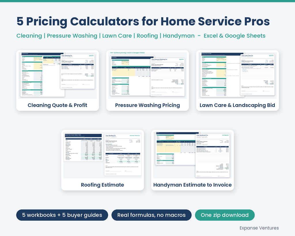 Home Service Pricing Bundle: 5 Pricing Calculators for Cleaning, Pressure Washing, Lawn Care, Roofing and Handyman (Excel + Google Sheets)