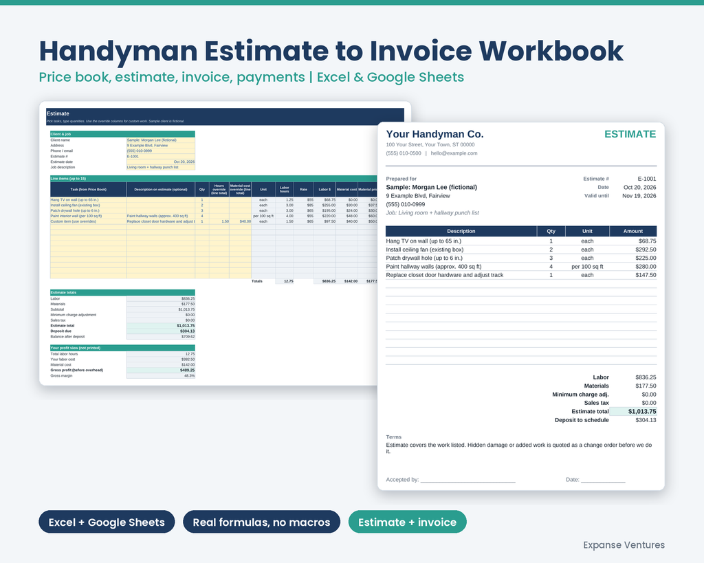 Handyman Estimate to Invoice Template (Excel + Google Sheets)