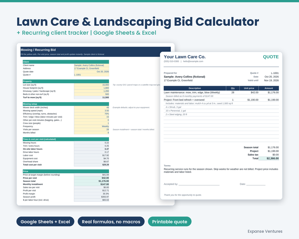 Lawn Care & Landscaping Bid Calculator (Excel + Google Sheets)