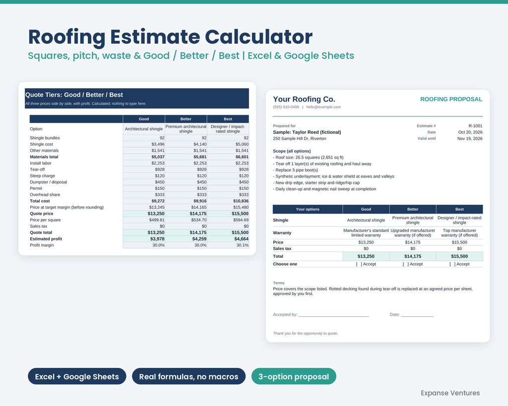 Roofing Estimate Calculator (Excel + Google Sheets)