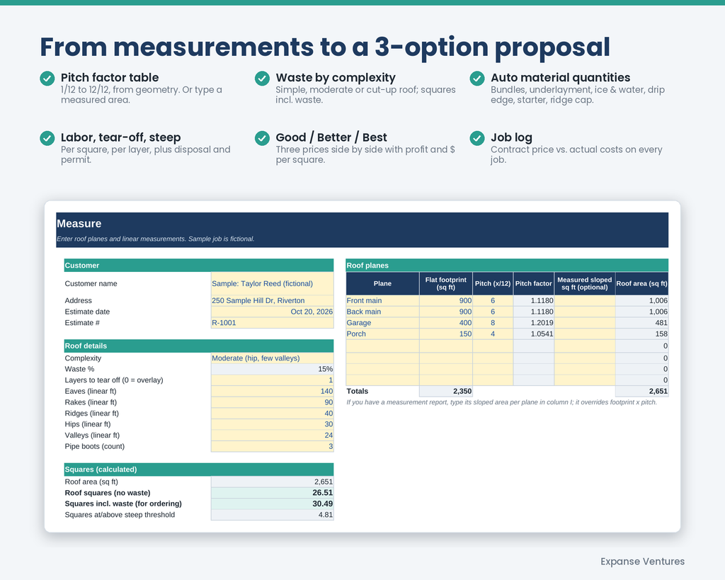 Roofing Estimate Calculator (Excel + Google Sheets)