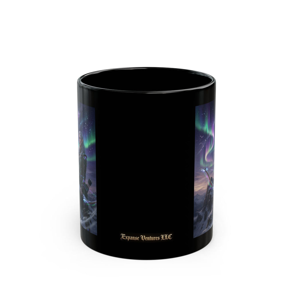 Female Archer Under Northern Lights Mug | Black Ceramic Coffee Cup