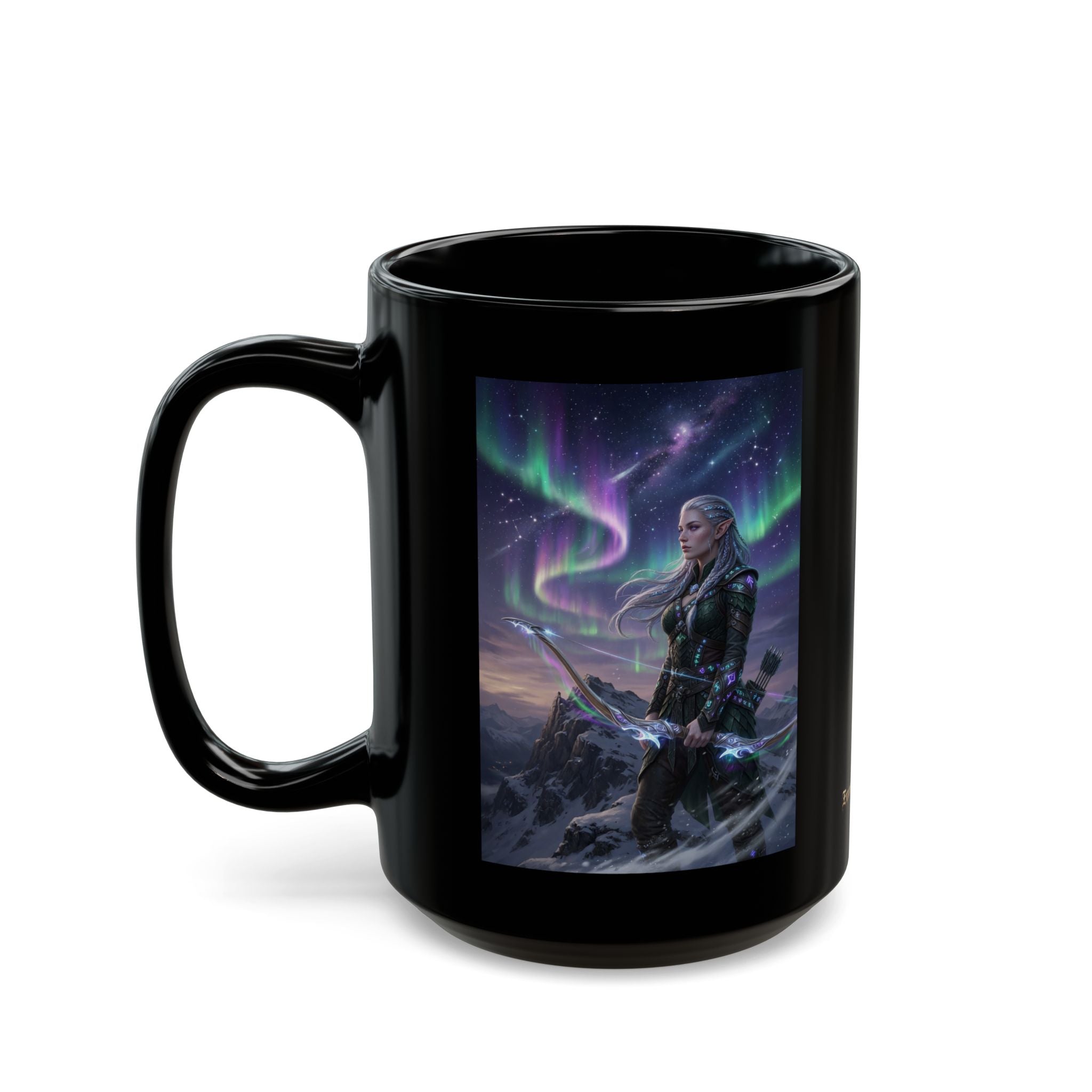 Female Archer Under Northern Lights Mug | Black Ceramic Coffee Cup