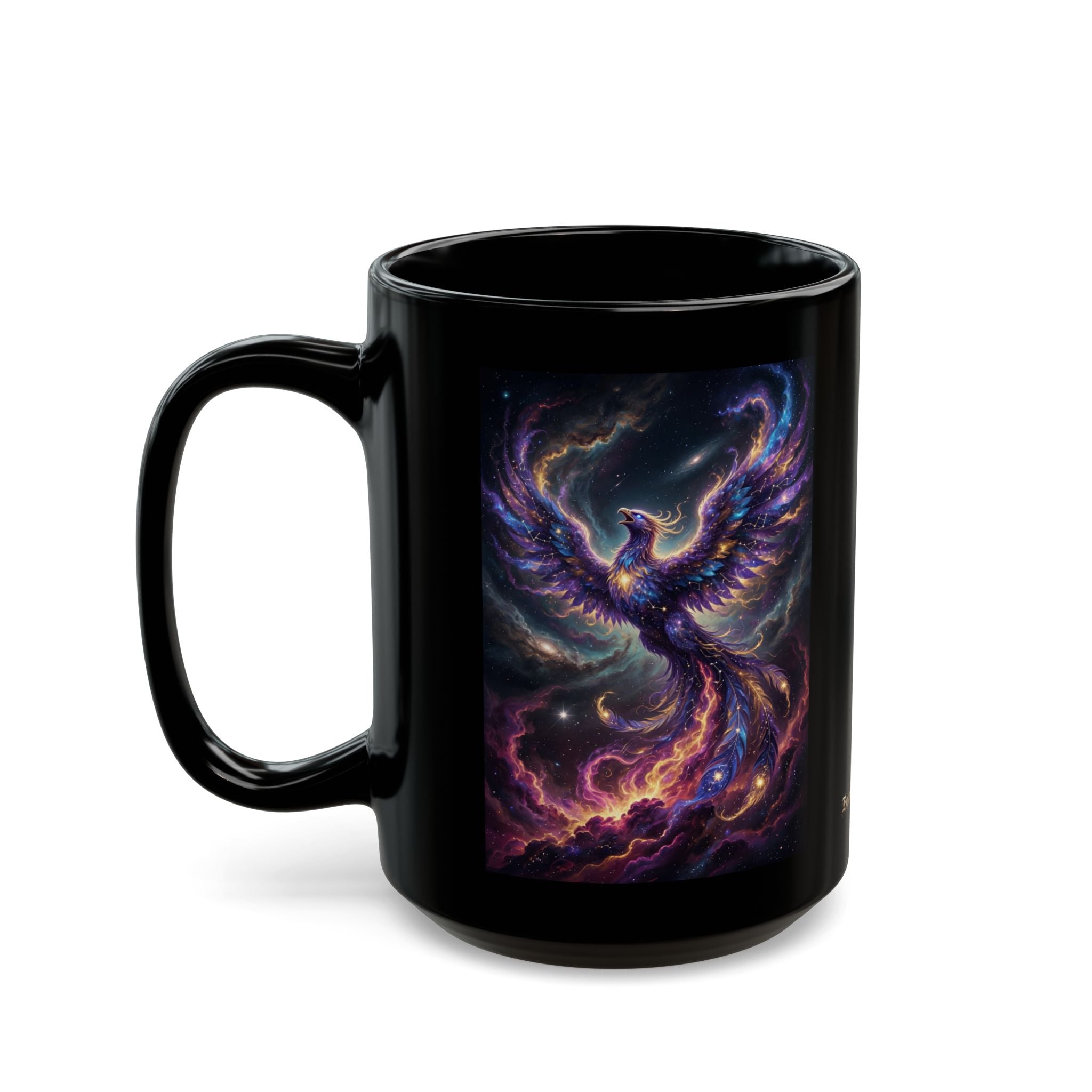Cosmic Phoenix Rising Mug | Black Ceramic Coffee Mug