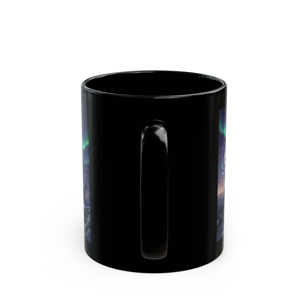 Female Archer Under Northern Lights Mug | Black Ceramic Coffee Cup