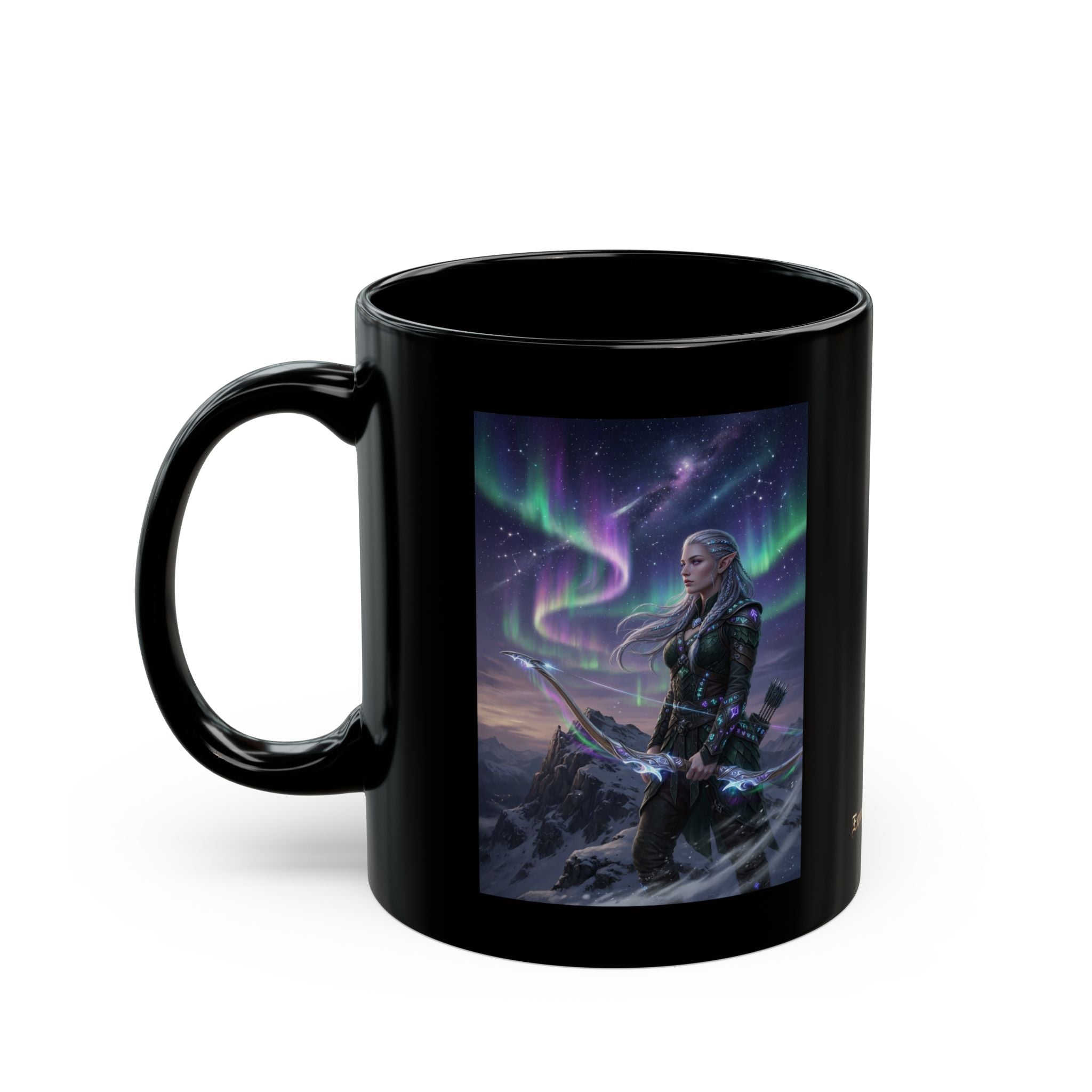 Female Archer Under Northern Lights Mug | Black Ceramic Coffee Cup