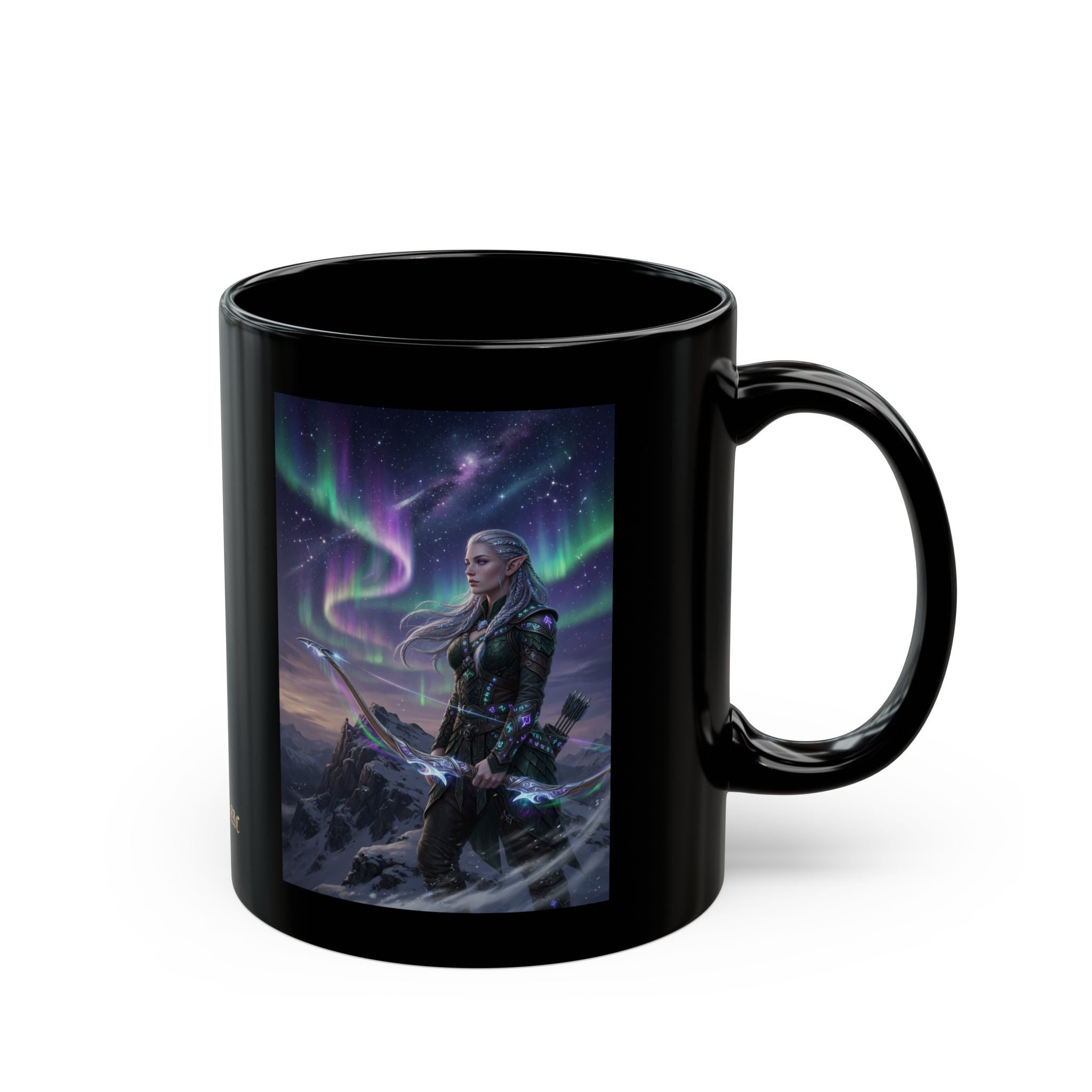 Female Archer Under Northern Lights Mug | Black Ceramic Coffee Cup