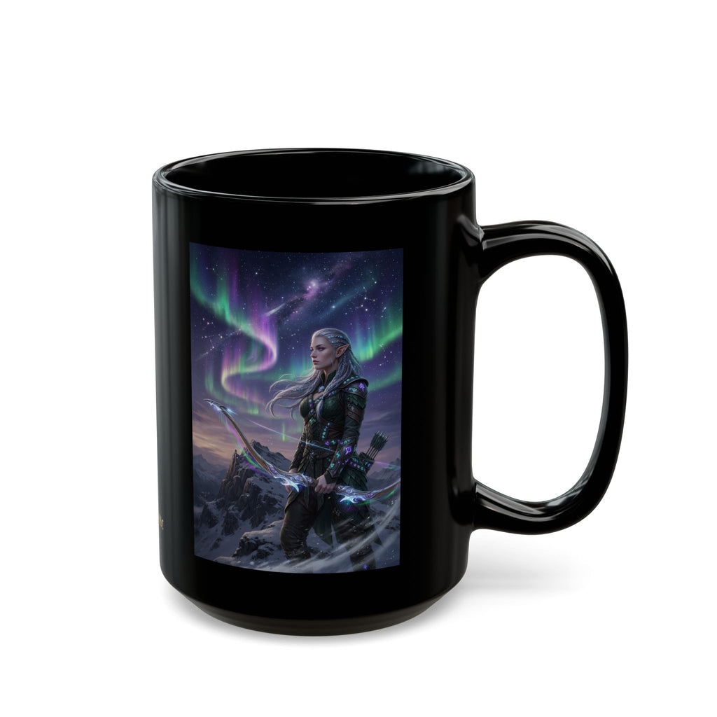 Female Archer Under Northern Lights Mug | Black Ceramic Coffee Cup