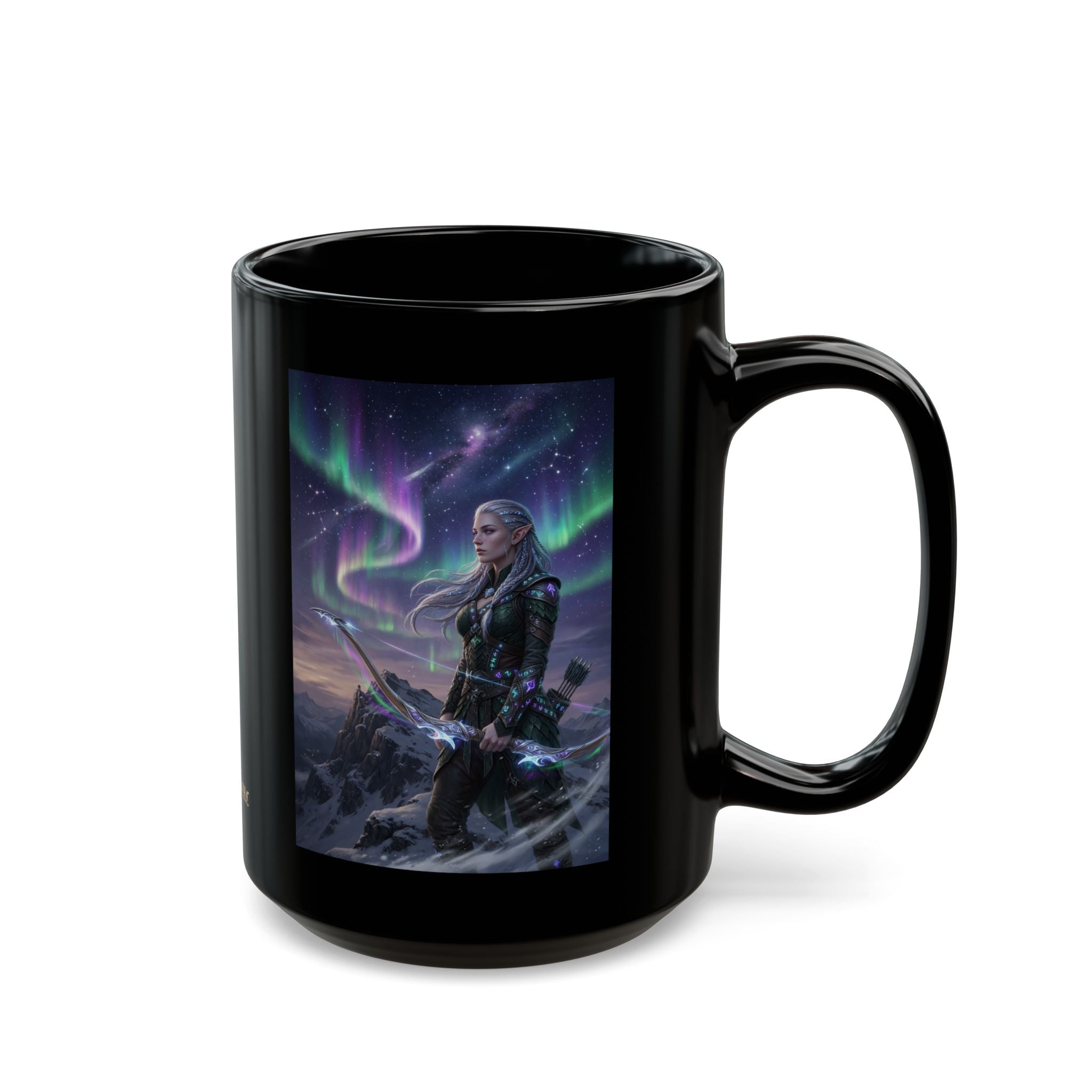 Female Archer Under Northern Lights Mug | Black Ceramic Coffee Cup