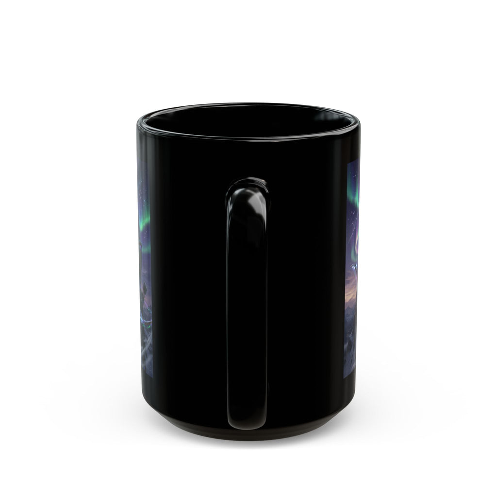 Female Archer Under Northern Lights Mug | Black Ceramic Coffee Cup
